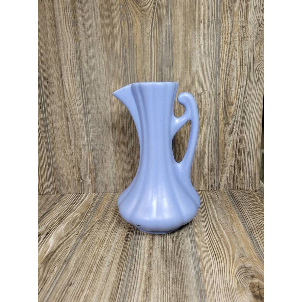 Vintage Camark Pottery Pitcher, Periwinkle Blue Vase, Ribbed Art Pottery Ewer